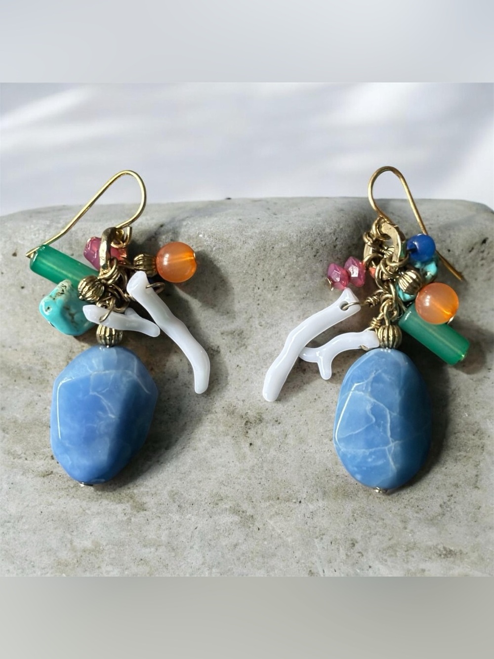 Boho Blue Bead Cluster Drop Earrings | 2IN Drop | Coral Statement Dangle